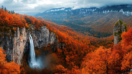 A panoramic view of a majestic waterfall tumbling down a mountain, surrounded by a vibrant forest during autumn 