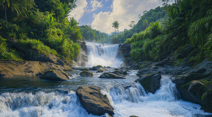 Waterfall in tropical landscape