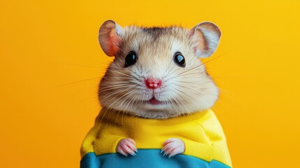 Fun illustration of a hamster dressed in a tiny costume, posing on a colorful background, radiating cuteness and charm.