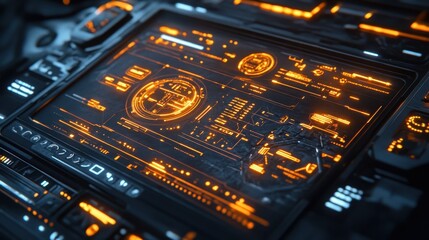 Obraz premium Futuristic interface with glowing icons and real-time information overlays.
