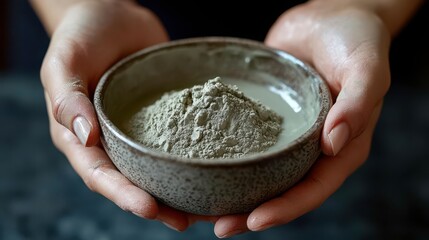 Fototapeta premium Closeup of hands mixing organic face mask powder with water in a ceramic bowl, rich textures of natural ingredients, soft glow