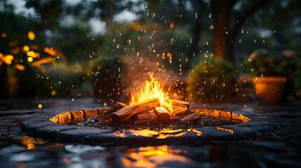 A firepit during a light rain, with steam rising from the flames, droplets gently falling onto the burning logs, the surrounding area wet with raindrops, creating a misty atmosphere,