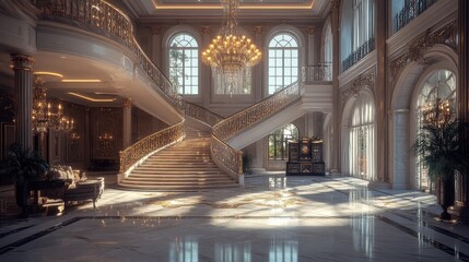 Obraz premium Grand entrance hall with elegant chandeliers and polished marble floors.