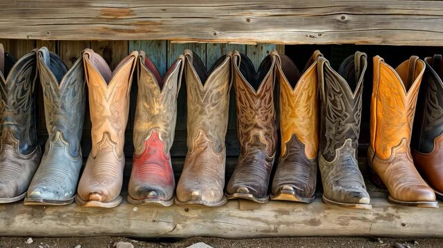 A row of old cowboy western boots standing on a wooden shoe stand.