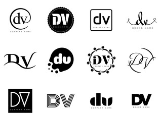 DV logo company template. Letter d and v logotype. Set different classic serif lettering and modern bold text with design elements. Initial font typography.