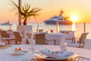 A luxurious sunset dinner setting at a seaside restaurant with elegant tableware and a yacht in the background, offering a picturesque and romantic atmosphere.