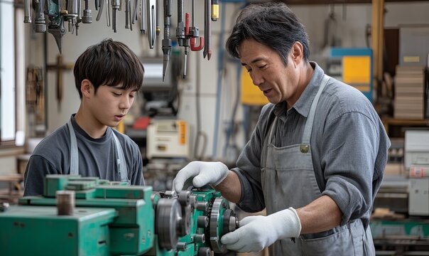 A skilled craftsman teaches a young apprentice how to use a lathe in a woodworking workshop.