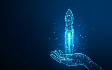 Digital AI Technology Concept. An abstract illustration of a hand launching a rocket, symbolizing the start of a new business venture, innovation, and growth. Generative AI