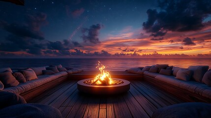 A firepit on a deck, surrounded by U-shaped built-in seating, flames casting warm light across the wooden boards, cozy blankets and cushions scattered around, a quiet evening with a serene atmosphere,