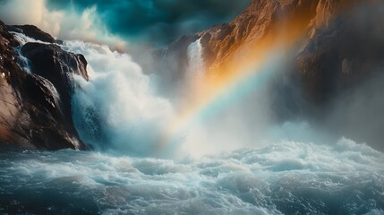 Obraz premium A waterfall creating mist and rainbows as it crashes into a pool below, emphasizing the beauty and strength of natural water flow. 