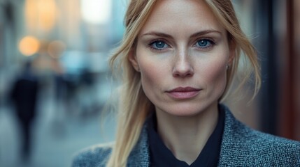 Closeup portrait of a female business leader, serious expression, urban outdoor background