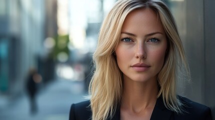 Fototapeta premium Closeup portrait of a female business leader, serious expression, urban outdoor background