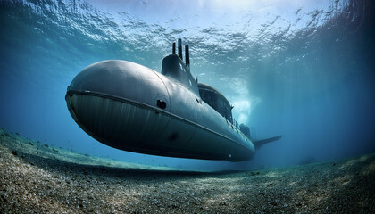 Obraz premium The submarine is deep in the sea, floating above the coral.