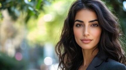 Obraz premium Confident businesswoman headshot, Middle Eastern appearance, outdoors, looking professional