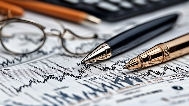 Close-up of pens, glasses, and financial documents on a desk.