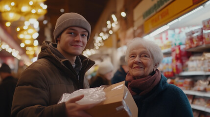 Young Man Holding Door for Elderly Lady