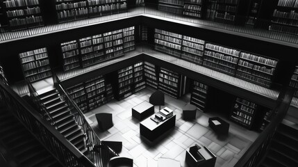 Fototapeta premium Modern library interior with bookshelves, reading area, and staircase