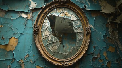 Fototapeta premium Haunting reflection in an old, cracked mirror.