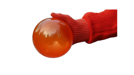Hand in Red Glove Holding Orange Sphere