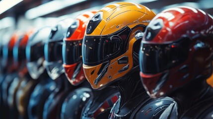 Helmets lined up in a row, showcasing different colors and designs.