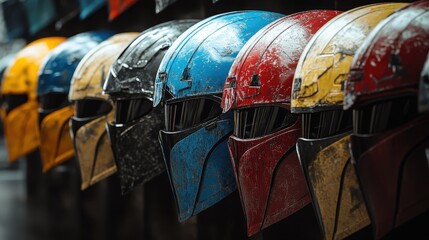 Helmets lined up in a row, showcasing different colors and designs.