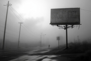 Creepy suburban street with broken neon sign and figures in the mist.