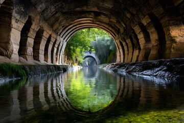 Naklejka premium Ancient aqueducts carved into rock by centuries of flowing water, representing the enduring influence of water on human history.
