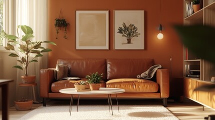A cozy living room with a brown leather sofa, a white coffee table, and a bookshelf with plants and books.