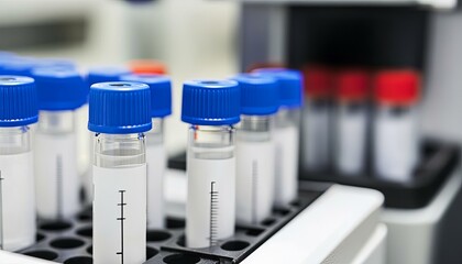 Close up of test tubes with blue caps in a rack in a laboratory setting.