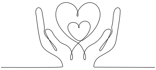 Hands hold hearts continuous line drawing. Family linear symbol. Motherhood sign. Vector illustration isolated on white.