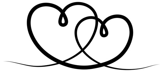 Two hearts continuous line drawing. Double heart wavy line. Vector illustration isolated on white.