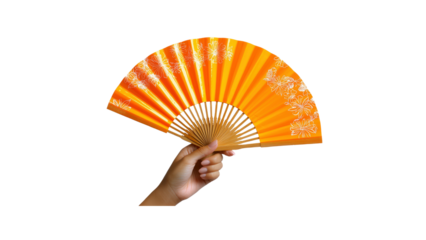 Hand Holding Orange Folding Fan with Floral Design
