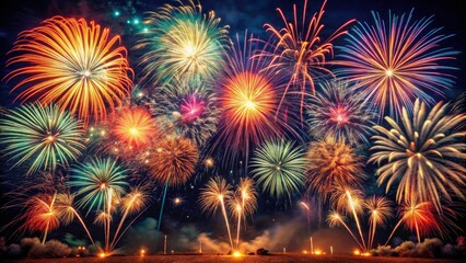 Fototapeta premium Vintage Style Colorful Fireworks Display in Dark Night Sky, Capturing the Essence of Celebration and Joy with Retro Aesthetic, Perfect for Festive Occasions and Seasonal Celebrations