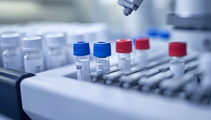 Fototapeta premium Close-up of vials in a laboratory setting, with red and blue caps.