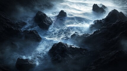 Obraz premium A dramatic aerial view of dark, jagged rocks emerging from a churning, white-capped ocean.