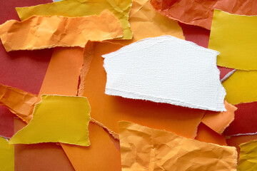 Abstract collage mosaic art with orange yellow paper torn pieces element with blank white copy space. Zine culture. Bright sunny color palette.