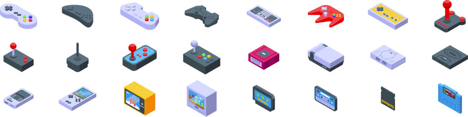 Retro gamepad icons set. Isometric icons representing various retro gaming consoles and controllers evoke feelings of nostalgia and highlight the evolution of gaming technology