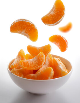 slices or chunks of mandarin oranges fruit in a white bowl with chunks or slices floating or flying isolated white background