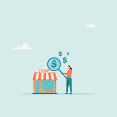 Business valuation, analysis of company value or market value, profit or earnings concept. The manager values ​​the company in dollar terms. Vector illustration.	