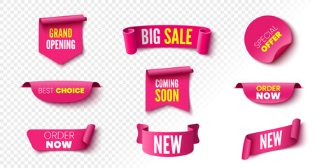 Best choice, order now, special offer sale banners. Pink ribbons, tags and stickers. Vector illustration.