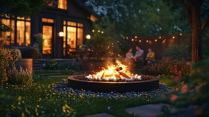 Backyard firepit scene with flames crackling, people gathered around roasting marshmallows, the surrounding garden softly lit by the firelight, warm and inviting atmosphere,