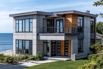 Fototapeta premium Modern home with concrete exterior and wood accents overlooking the ocean.