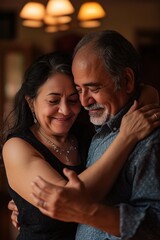 Fototapeta premium joyful dance of hispanic couple at home. love and happiness in marriage, happy relationships. family bonding, health, wellness. active aging, healthy lifestyle, senior leisure, activity