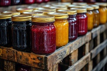Rows of Homemade Jam in Glass Jars with Gold Lids on Rustic Wooden Crate
