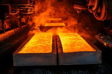 Molten metal being poured in an industrial setting.