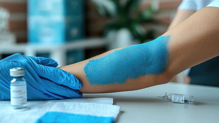 Obraz premium A healthcare professional preps a patient’s arm with blue antiseptic solution, getting ready for a vaccination procedure in a clinic
