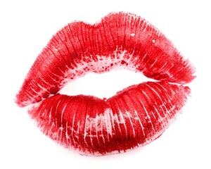 Fototapeta premium Red lipstick mark kiss isolate on white background