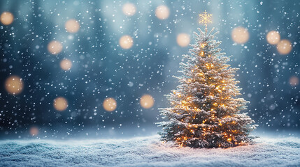 New Year background with a magnificent Christmas tree in a forest environment.