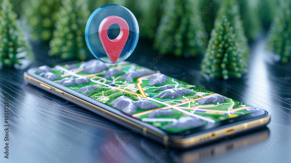 Poster smartphone displaying map location marker on forest background in high detail