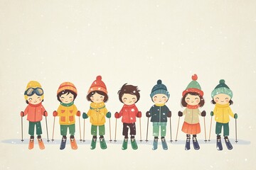 Fototapeta premium Group of children are ready to skiing on a snowy mountain. Happy childhood in the company of friends.